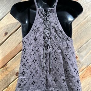 Free People Gray Embroidered Eyelet Grommet Laced Back Strappy Square Neck Tank